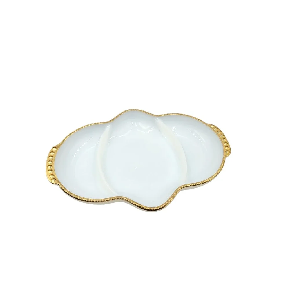 Fire King Anchor Hocking Milk Glass Divided Bright White Dish‎ Gilded Gold Trim